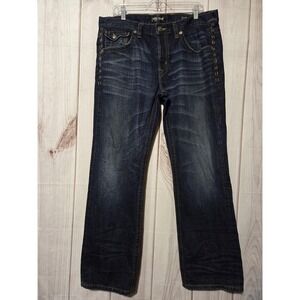 MEK DNM Tucker Straight Jeans Mens 36x32 Dark‎ Wash Blue Embroidered Denim